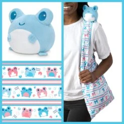 Plushie Tote Bag: White Transgender Pride Tote Bag And Blue Frog Plushie